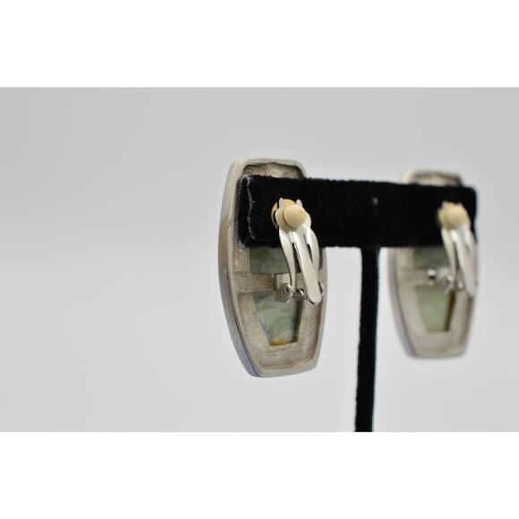 Vintage Earrings Brushed Silver Faux Green Stone Cabochon Statement 1980s 9G - Picture 8 of 12